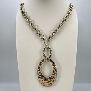 Gold Tone Hammered Look Double Hoop Pendant w/Clear Rhinestones Chain Necklace